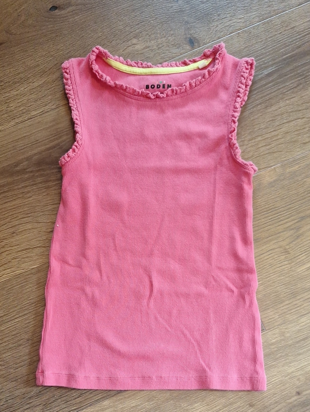 Mini Boden Coral Pink Ruffle-Trim Rib Tank, Sz 8-9
